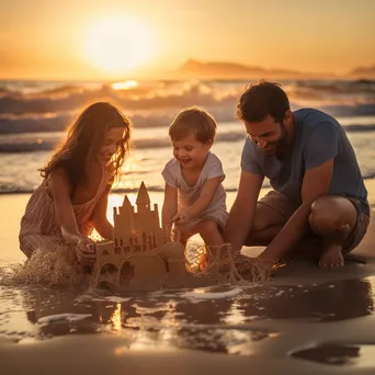 Family building sandcastles and playing in the waves at the beach. - Image 3