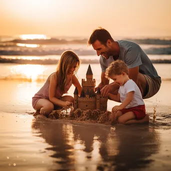 Family building sandcastles and playing in the waves at the beach. - Image 4