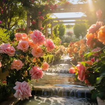 A tranquil garden featuring blooming roses with sunlight filtering through foliage. - Image 2