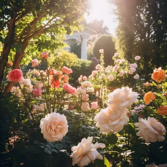 A tranquil garden featuring blooming roses with sunlight filtering through foliage. - Image 3