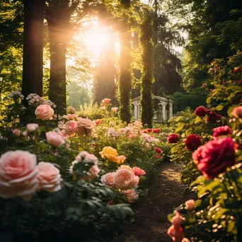 A tranquil garden featuring blooming roses with sunlight filtering through foliage. - Image 4