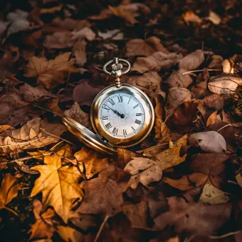 Illustration of an old pocket watch placed on autumn leaves - Image 1