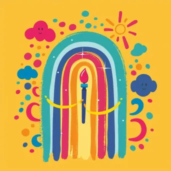 Logo with a paintbrush making a rainbow path, leading to a smiling child