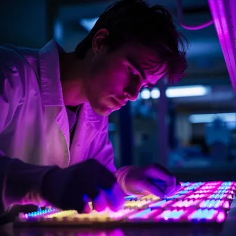 Lab experiment with gel electrophoresis and fluorescent samples. - Image 1