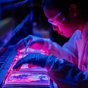 Lab experiment with gel electrophoresis and fluorescent samples. - Image 3