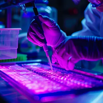 Lab experiment with gel electrophoresis and fluorescent samples. - Image 4