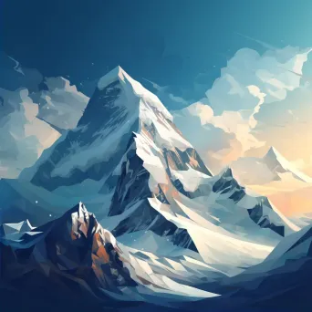 Low poly depiction of a majestic snowy mountain peak with icy cliffs and swirling snowflakes - Image 2