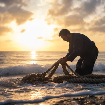 Rope maker crafting nautical ropes on the beach - Image 4