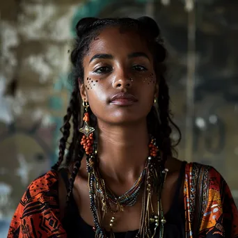 Young adult wearing cultural jewelry in an urban setting - Image 3