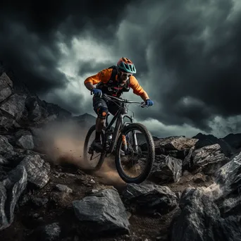 Mountain biker riding through rocky terrain with dark storm clouds above. - Image 3