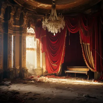 Ruined music hall with torn curtains and broken chandeliers illuminated by sunlight - Image 1