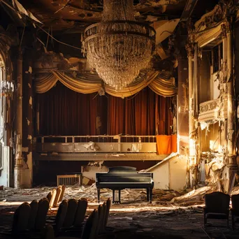 Ruined music hall with torn curtains and broken chandeliers illuminated by sunlight - Image 2