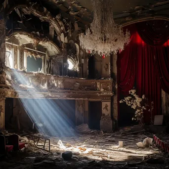 Ruined music hall with torn curtains and broken chandeliers illuminated by sunlight - Image 3