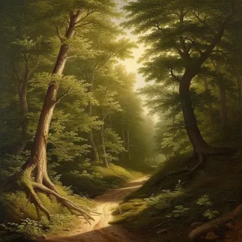 Winding path through sunlit forest in magical countryside - Image 1