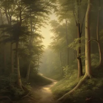 Winding path through sunlit forest in magical countryside - Image 2