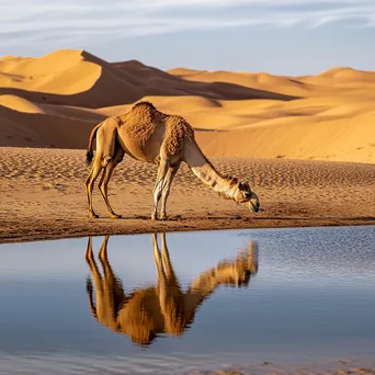 Camel drinking water from an oasis in the desert - Image 1