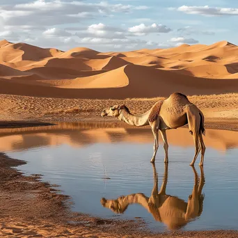 Camel drinking water from an oasis in the desert - Image 2