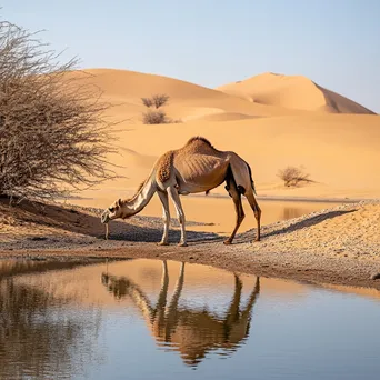 Camel drinking water from an oasis in the desert - Image 4