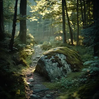 Forest path bending around a moss-covered boulder - Image 1