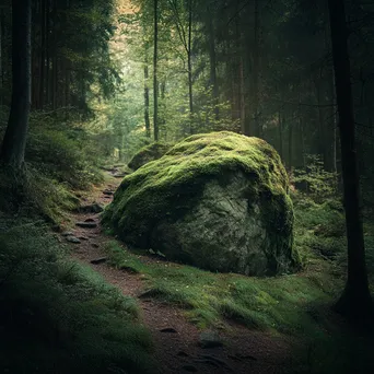 Forest path bending around a moss-covered boulder - Image 2