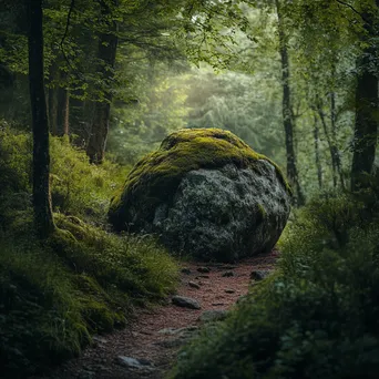 Forest path bending around a moss-covered boulder - Image 3