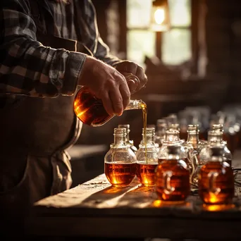 Farmer filling glass bottles with maple syrup under soft lighting - Image 1