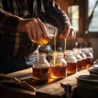 Farmer filling glass bottles with maple syrup under soft lighting - Image 2