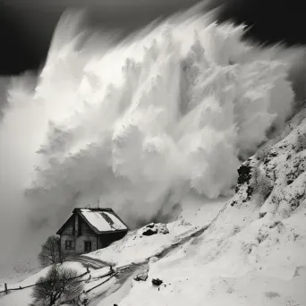 Avalanche thundering down a mountain slope towards a tiny cabin - Image 3