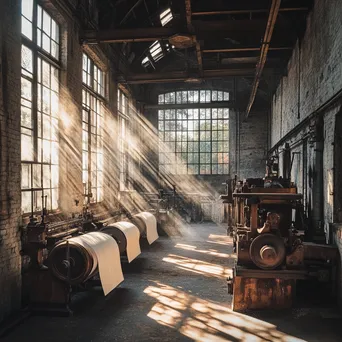 Wide shot of a vintage paper mill with sunlight filtering through. - Image 2