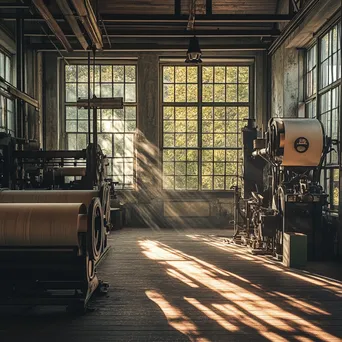 Wide shot of a vintage paper mill with sunlight filtering through. - Image 3