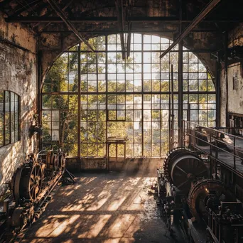 Wide shot of a vintage paper mill with sunlight filtering through. - Image 4