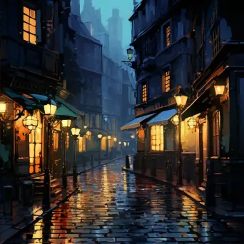 Low poly digital art of a Parisian alleyway during rainfall - Image 2