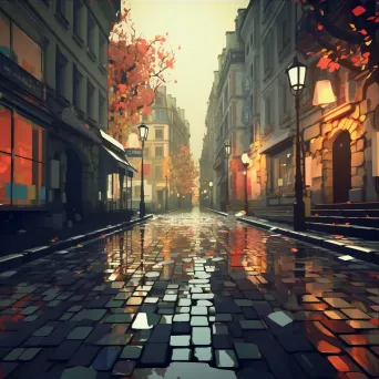 Low poly digital art of a Parisian alleyway during rainfall - Image 3