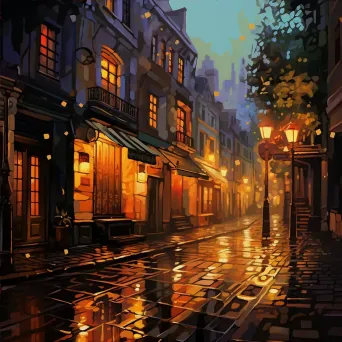 Low poly digital art of a Parisian alleyway during rainfall - Image 4