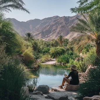 Traveler resting by a desert oasis - Image 1