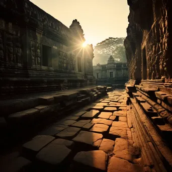 Intricate carvings at Angkor Wat temple at sunrise - Image 1