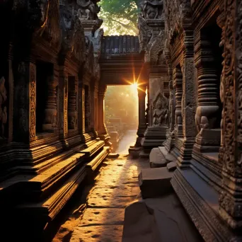 Intricate carvings at Angkor Wat temple at sunrise - Image 3