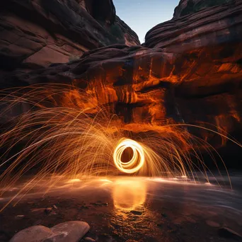 Light trails from spinning steel wool in a canyon landscape. - Image 3