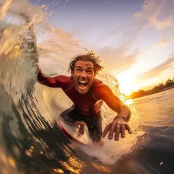 Surfer riding a massive wave at sunset - Image 1