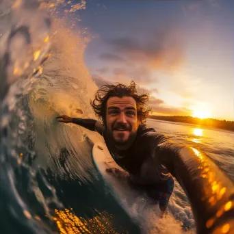 Surfer riding a massive wave at sunset - Image 3