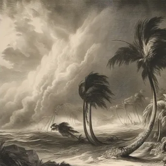 Powerful cyclone moving towards a tropical island, with palm trees bending in the strong winds - Image 2