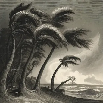 Powerful cyclone moving towards a tropical island, with palm trees bending in the strong winds - Image 3