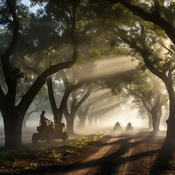 Harvesters in a foggy cork oak grove at dawn - Image 2