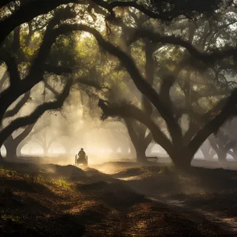 Harvesters in a foggy cork oak grove at dawn - Image 3