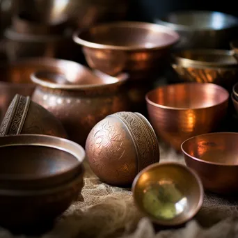 Arranged collection of traditional copper cookware in natural light - Image 1