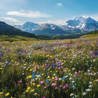 Aerial shot of a vibrant alpine meadow with colorful wildflowers and snow-capped mountains. - Image 1