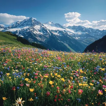 Aerial shot of a vibrant alpine meadow with colorful wildflowers and snow-capped mountains. - Image 2