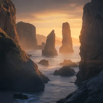 Coastal sea stacks illuminated by sunrise - Image 4