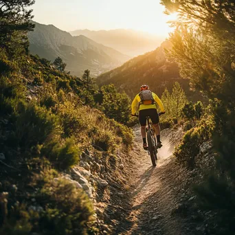 Mountain biker speeding along a narrow trail with scenic views under bright sunlight. - Image 3