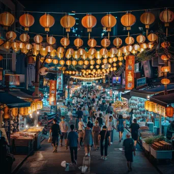 Bustling urban night market with colorful stalls and vibrant crowds - Image 1